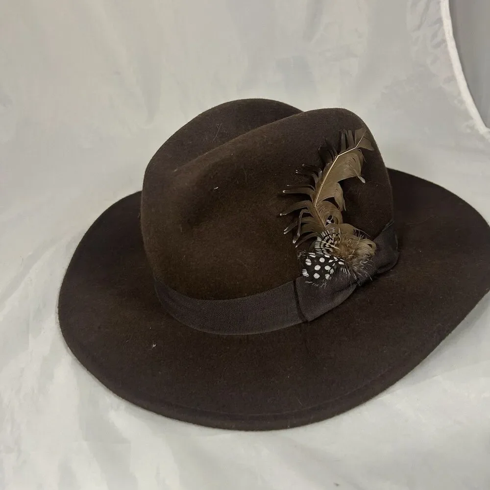 LAUREN Ralph Lauren Feather Embellished Wool Hat Brown Size Medium